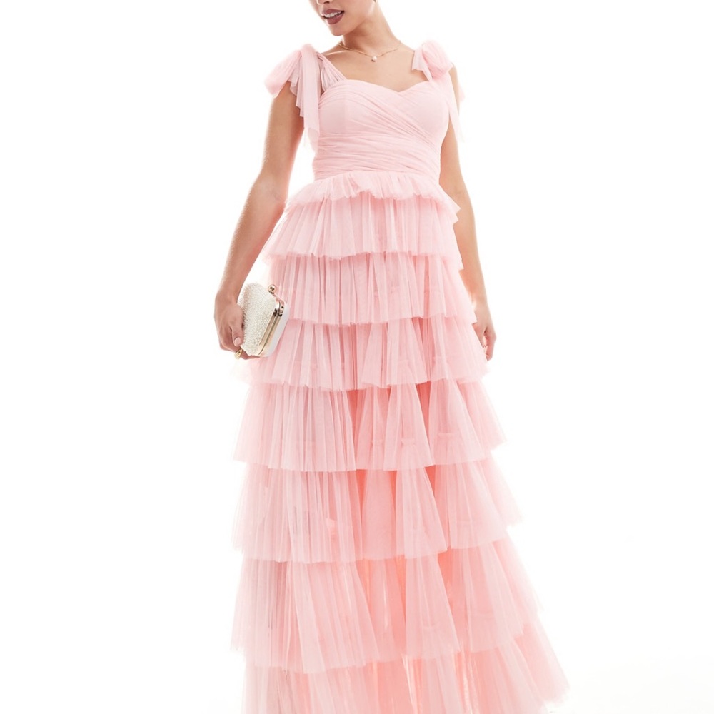 ASOS Blush Pink Tiered Tulle Maxi Dress with Bow Straps
